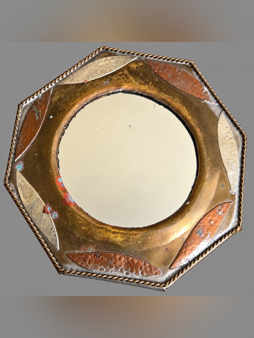 Vtg Mixed Metal Octagonal Wall Mirror Brass Copper Silver Tone 3.25" Handmade